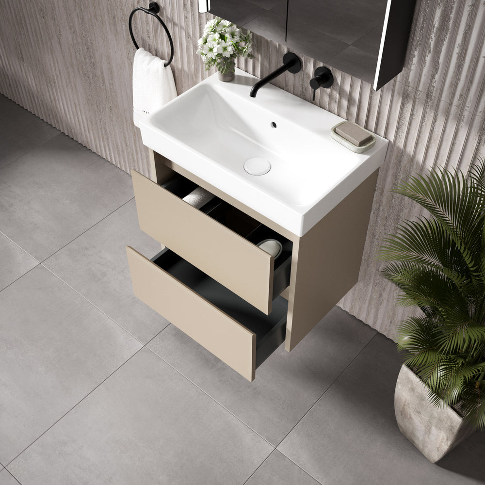 GSI Nubes Bevel Slimline Double Drawer Vanity Unit With Ceramic Basin - Matt Pebble 600mm x 400mm