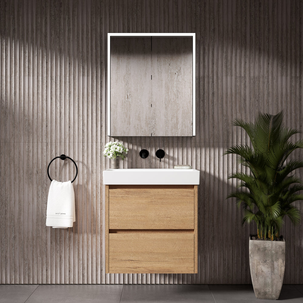 GSI Nubes Bevel Slimline Double Drawer Vanity Unit With Ceramic Basin - Oak (Pacific Walnut) 600mm x 400mm