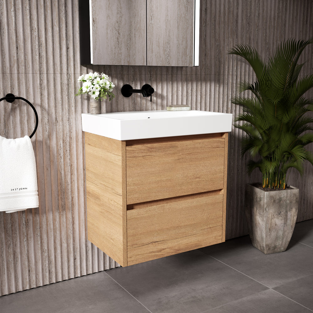 GSI Nubes Bevel Slimline Double Drawer Vanity Unit With Ceramic Basin - Oak (Pacific Walnut) 600mm x 400mm