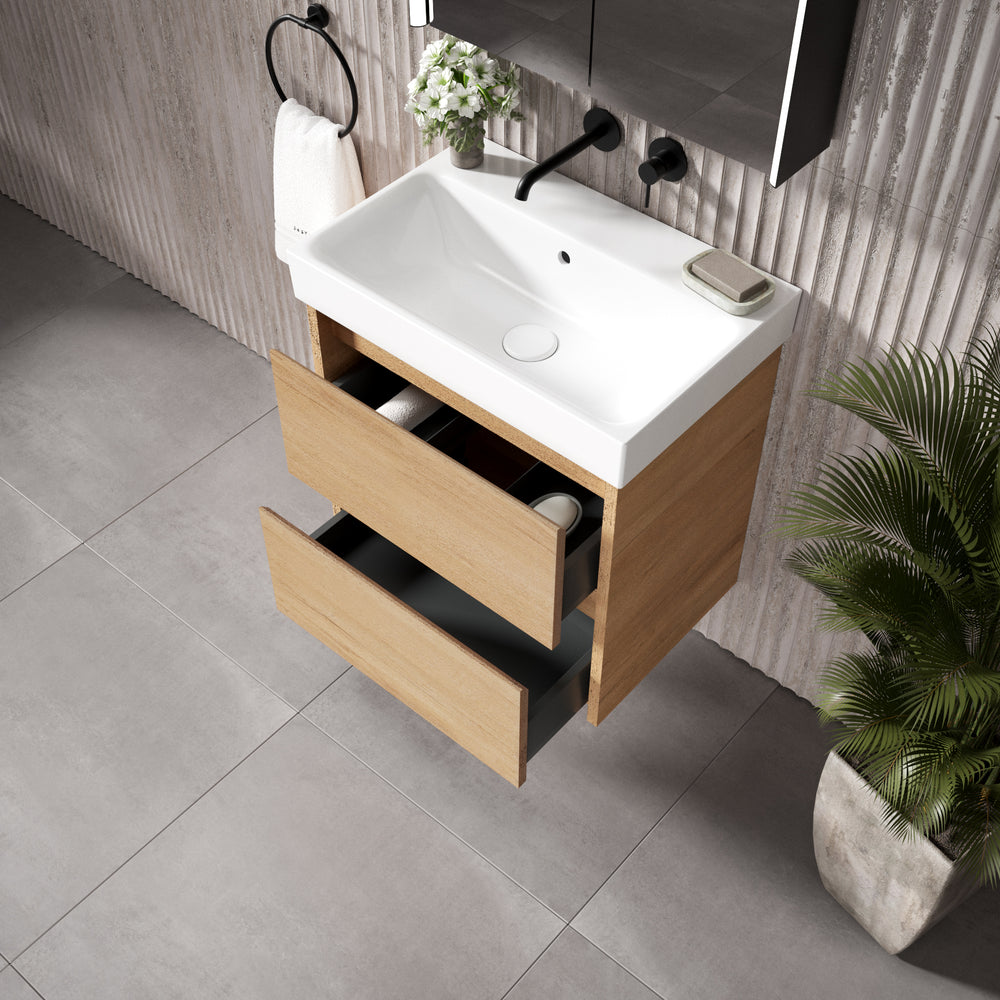 GSI Nubes Bevel Slimline Double Drawer Vanity Unit With Ceramic Basin - Oak (Pacific Walnut) 600mm x 400mm