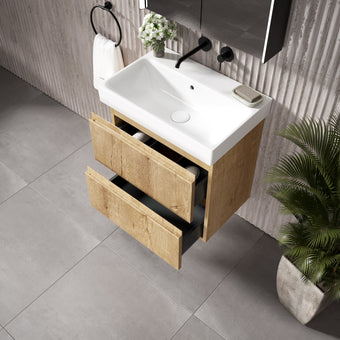 GSI Nubes Ribbed Double Drawer Vanity Unit With Ceramic Basin - Oak 600mm x 400mm