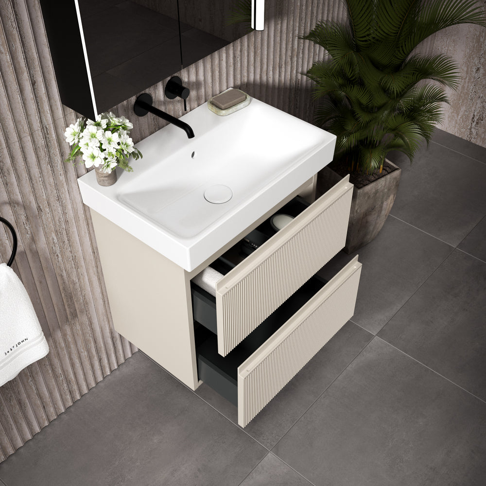GSI Nubes Ribbed Double Drawer Vanity Unit With Ceramic Basin - Cashmere (Oatmeal) 600mm x 400mm
