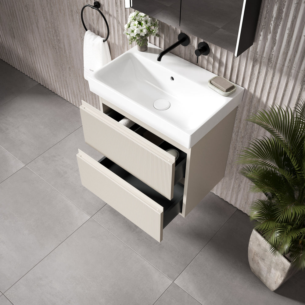 GSI Nubes Ribbed Double Drawer Vanity Unit With Ceramic Basin - Cashmere (Oatmeal) 600mm x 400mm