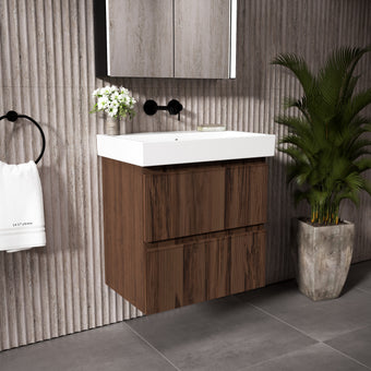 GSI Nubes Ribbed Double Drawer Vanity Unit With Ceramic Basin - Walnut 600mm x 400mm