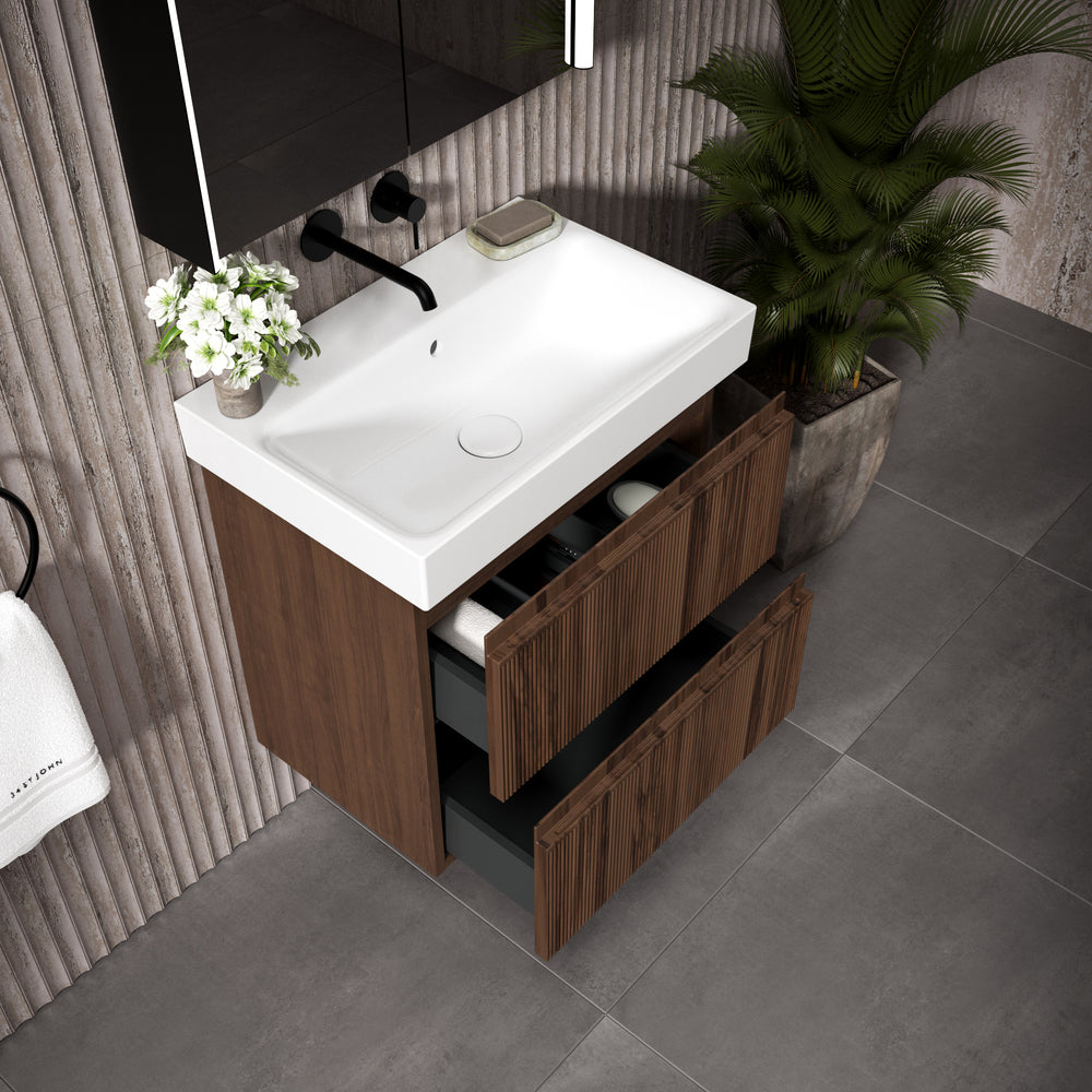 GSI Nubes Ribbed Double Drawer Vanity Unit With Ceramic Basin - Walnut 600mm x 400mm