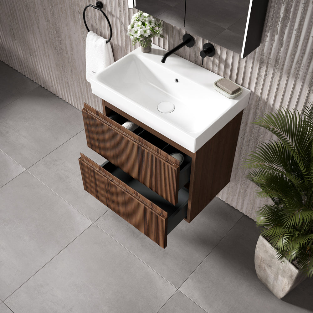 GSI Nubes Ribbed Double Drawer Vanity Unit With Ceramic Basin - Walnut 600mm x 400mm