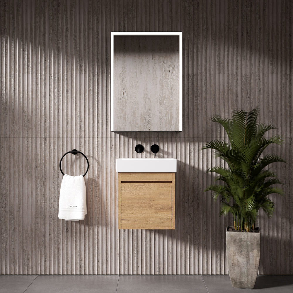 GSI Nubes Bevel Single Reversible Door Vanity Unit With Ceramic Basin - Oak (Pacific Walnut) 400mm x 320mm