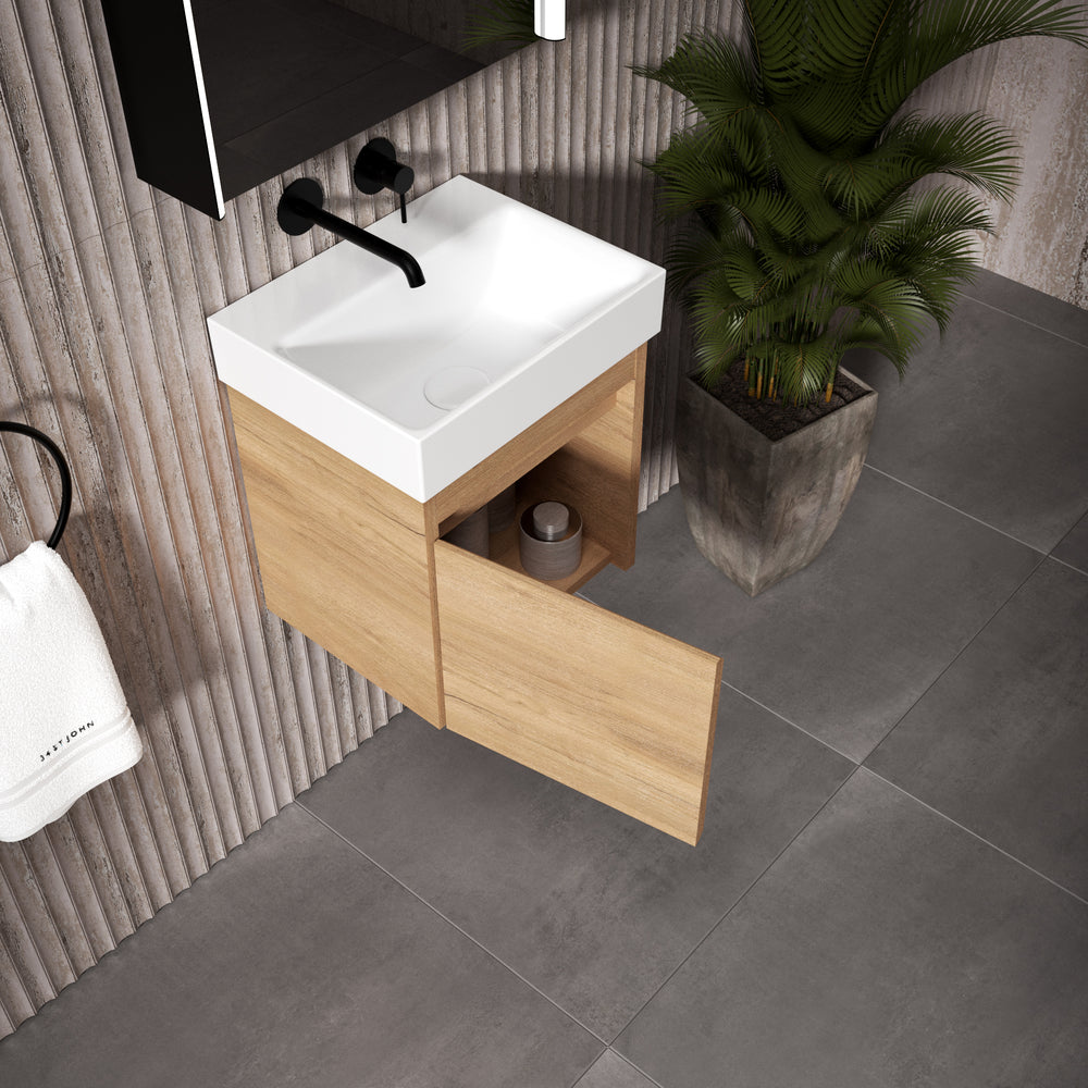 GSI Nubes Bevel Single Reversible Door Vanity Unit With Ceramic Basin - Oak (Pacific Walnut) 400mm x 320mm
