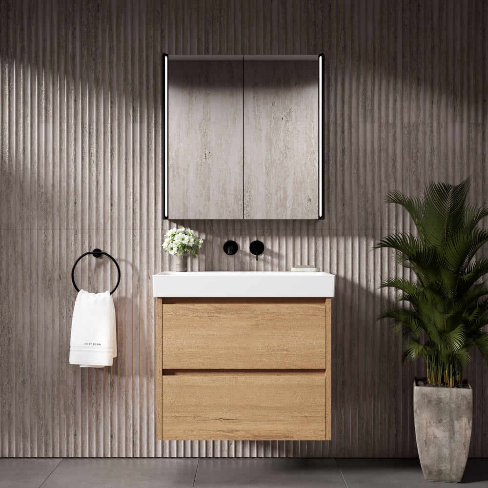 GSI Nubes Bevel Slimline Double Drawer Vanity Unit With Ceramic Basin - Oak (Pacific Walnut) 700mm x 400mm