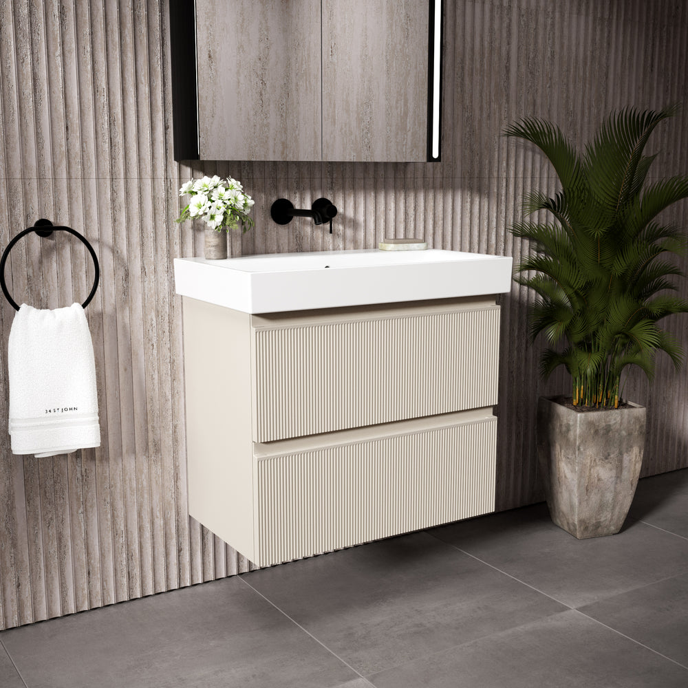 GSI Nubes Ribbed Double Drawer Vanity Unit With Ceramic Basin - Cashmere (Oatmeal) 700mm x 400mm