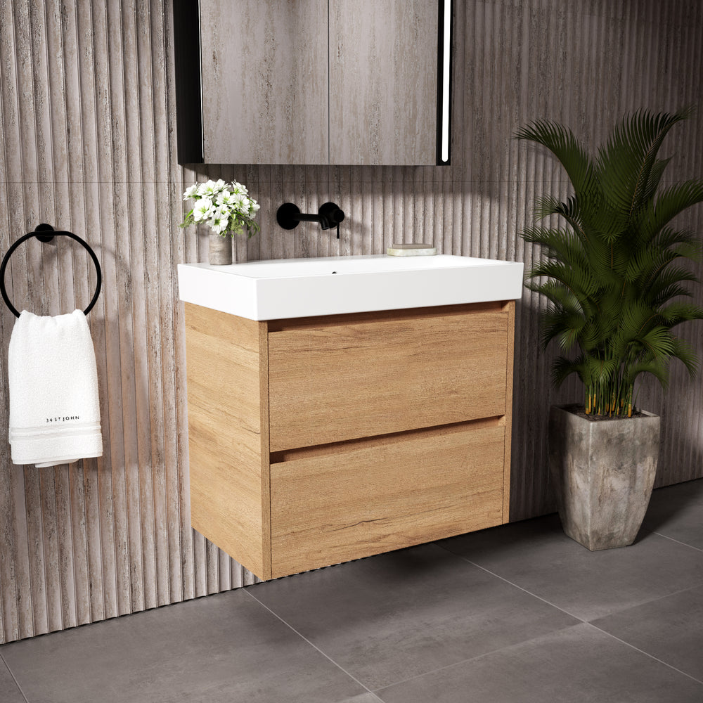GSI Nubes Bevel Slimline Double Drawer Vanity Unit With Ceramic Basin - Oak (Pacific Walnut) 700mm x 400mm