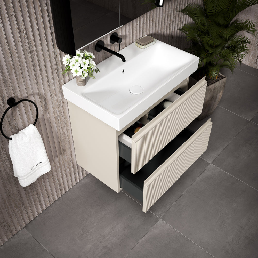 GSI Nubes Ribbed Double Drawer Vanity Unit With Ceramic Basin - Cashmere (Oatmeal) 700mm x 400mm