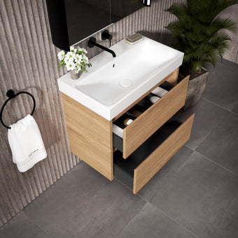 GSI Nubes Bevel Slimline Double Drawer Vanity Unit With Ceramic Basin - Oak (Pacific Walnut) 700mm x 400mm