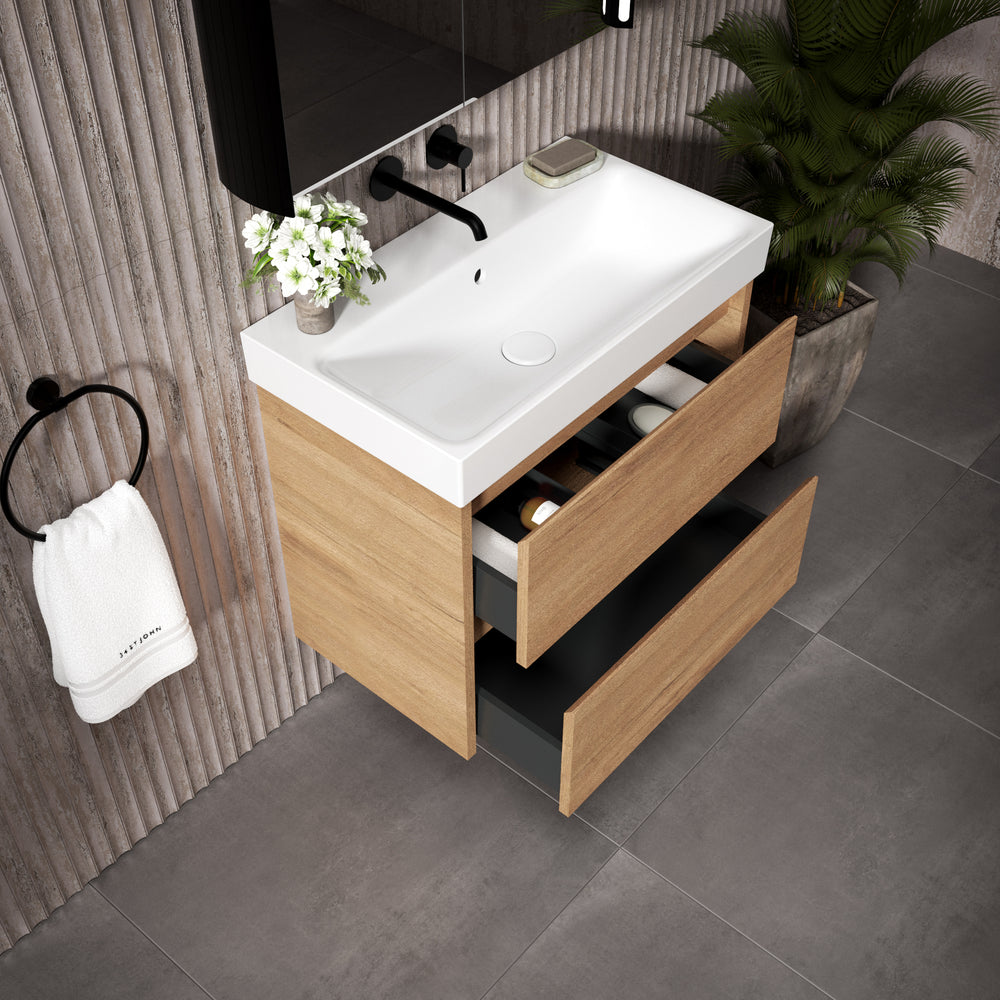 GSI Nubes Bevel Slimline Double Drawer Vanity Unit With Ceramic Basin - Oak (Pacific Walnut) 700mm x 400mm