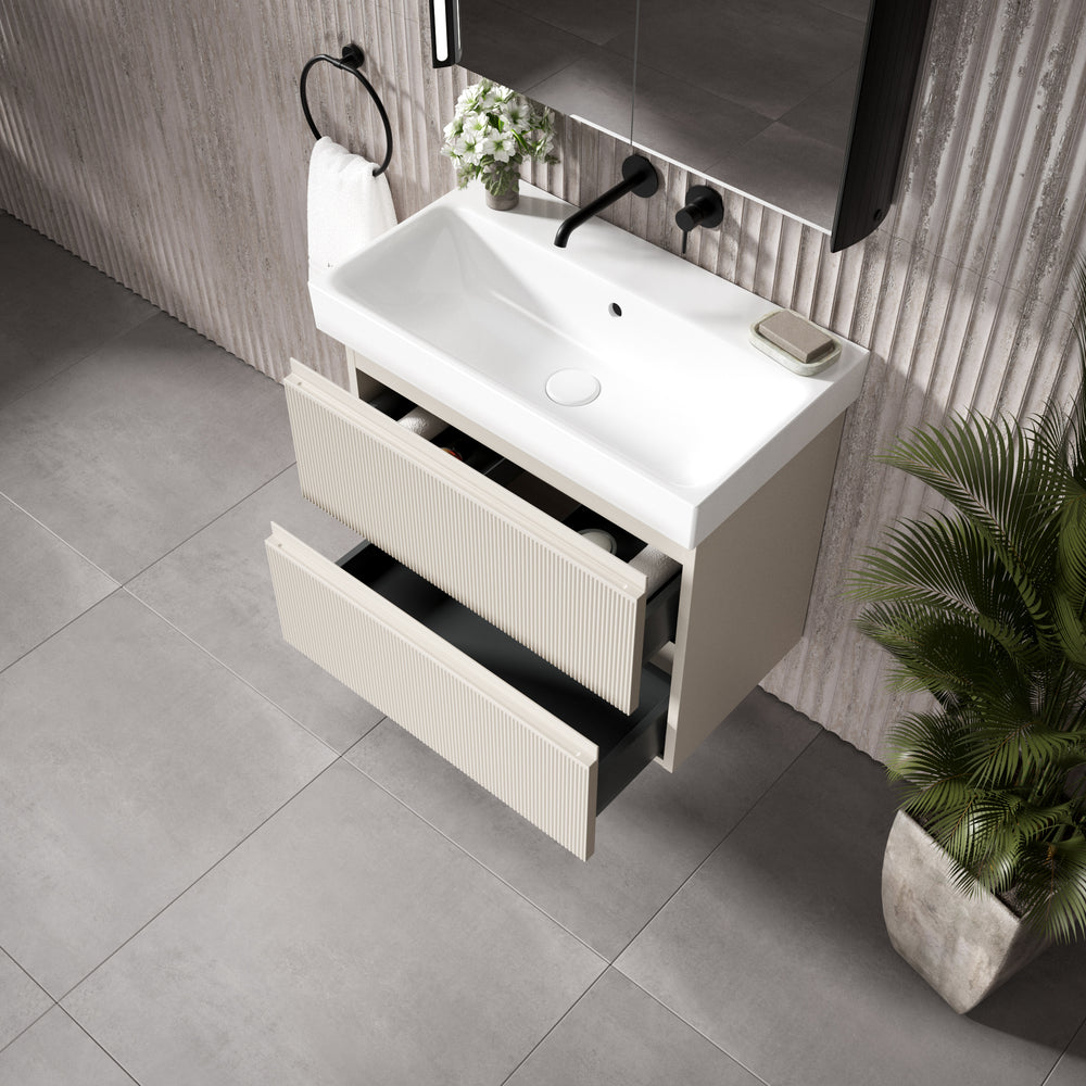 GSI Nubes Ribbed Double Drawer Vanity Unit With Ceramic Basin - Cashmere (Oatmeal) 700mm x 400mm