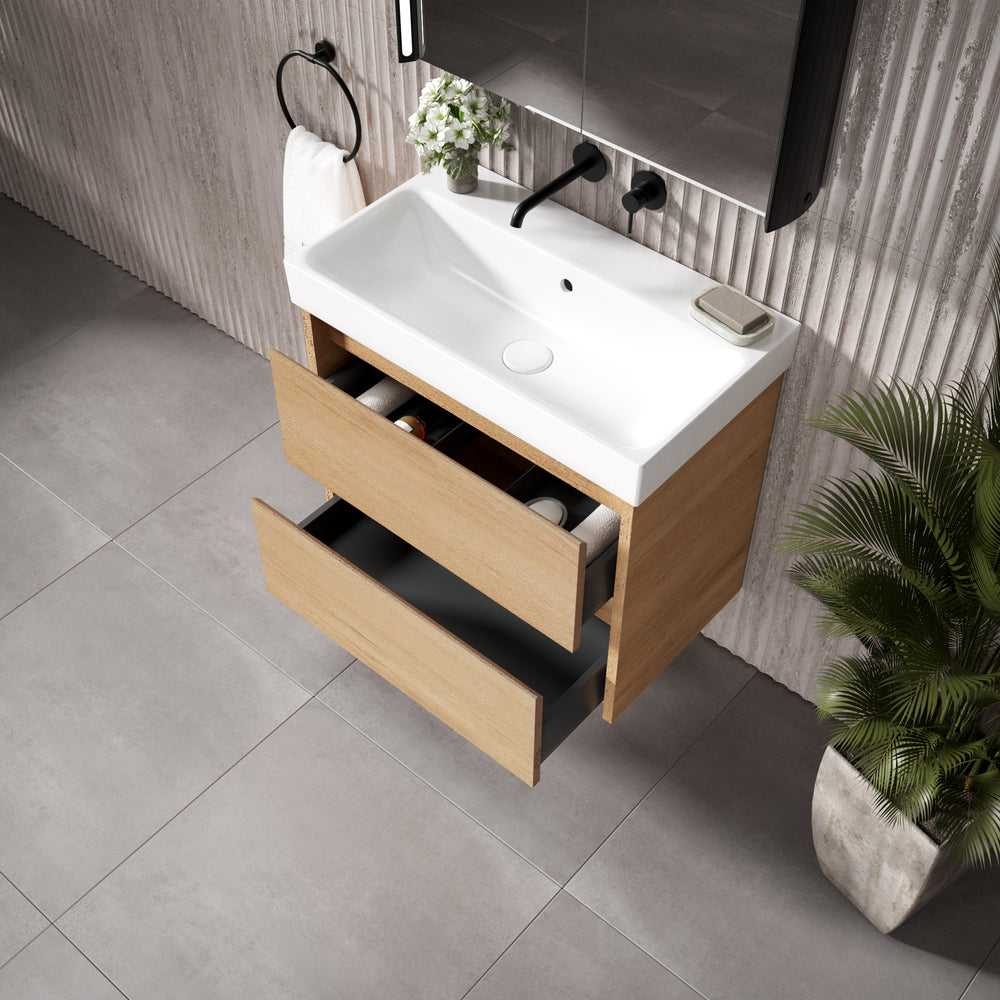 GSI Nubes Bevel Slimline Double Drawer Vanity Unit With Ceramic Basin - Oak (Pacific Walnut) 700mm x 400mm