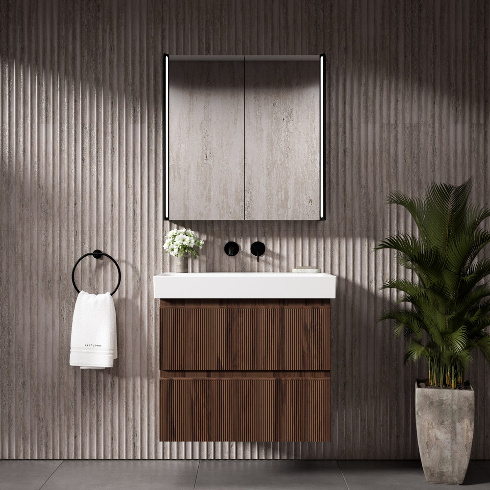 GSI Nubes Ribbed Double Drawer Vanity Unit With Ceramic Basin - Walnut 700mm x 400mm