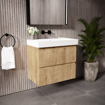 GSI Nubes Ribbed Double Drawer Vanity Unit With Ceramic Basin - Oak 700mm x 400mm