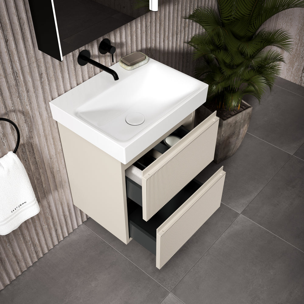 GSI Nubes Ribbed Double Drawer Vanity Unit With Ceramic Basin - Cashmere 500mm x 400mm