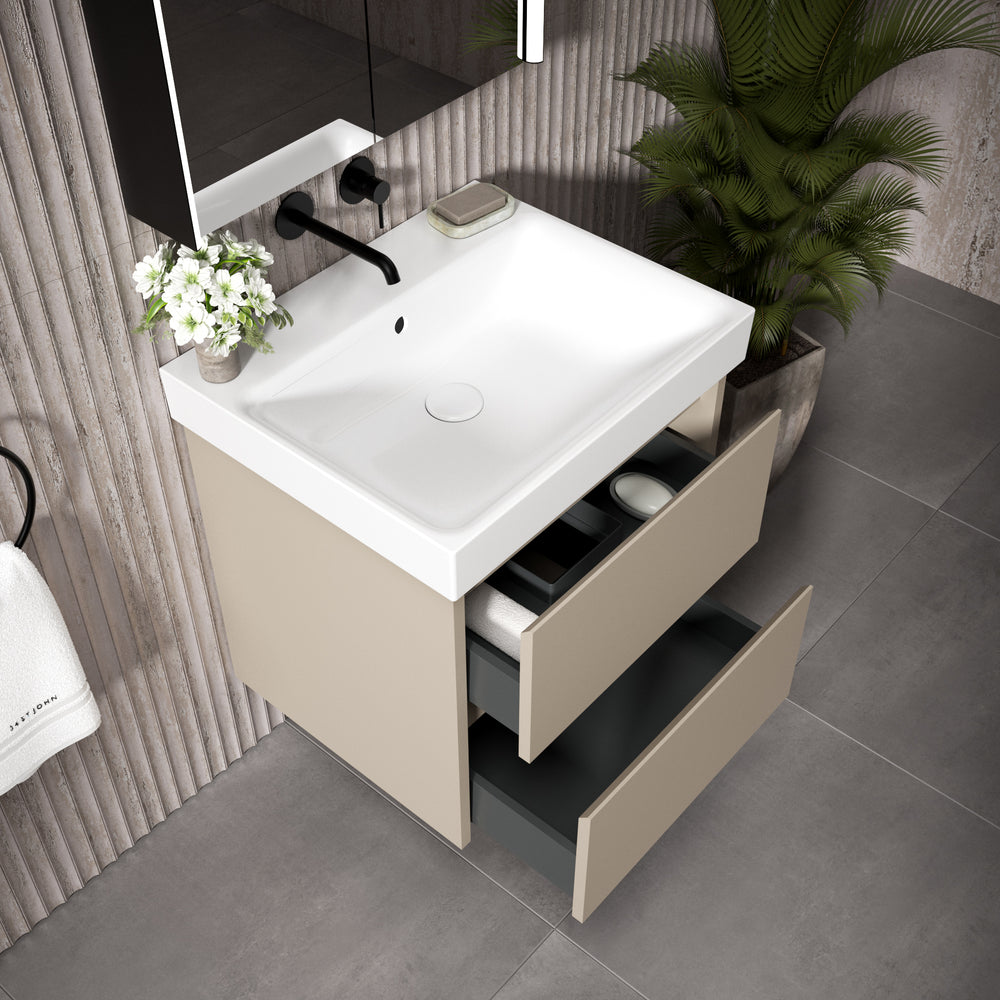 GSI Nubes Bevel Double Drawer Vanity Unit With Ceramic Basin - Matt Pebble 600mm x 500mm