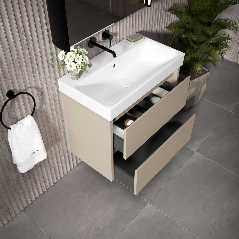 GSI Nubes Bevel Slimline Double Drawer Vanity Unit With Ceramic Basin - Matt Pebble 700mm x 400mm