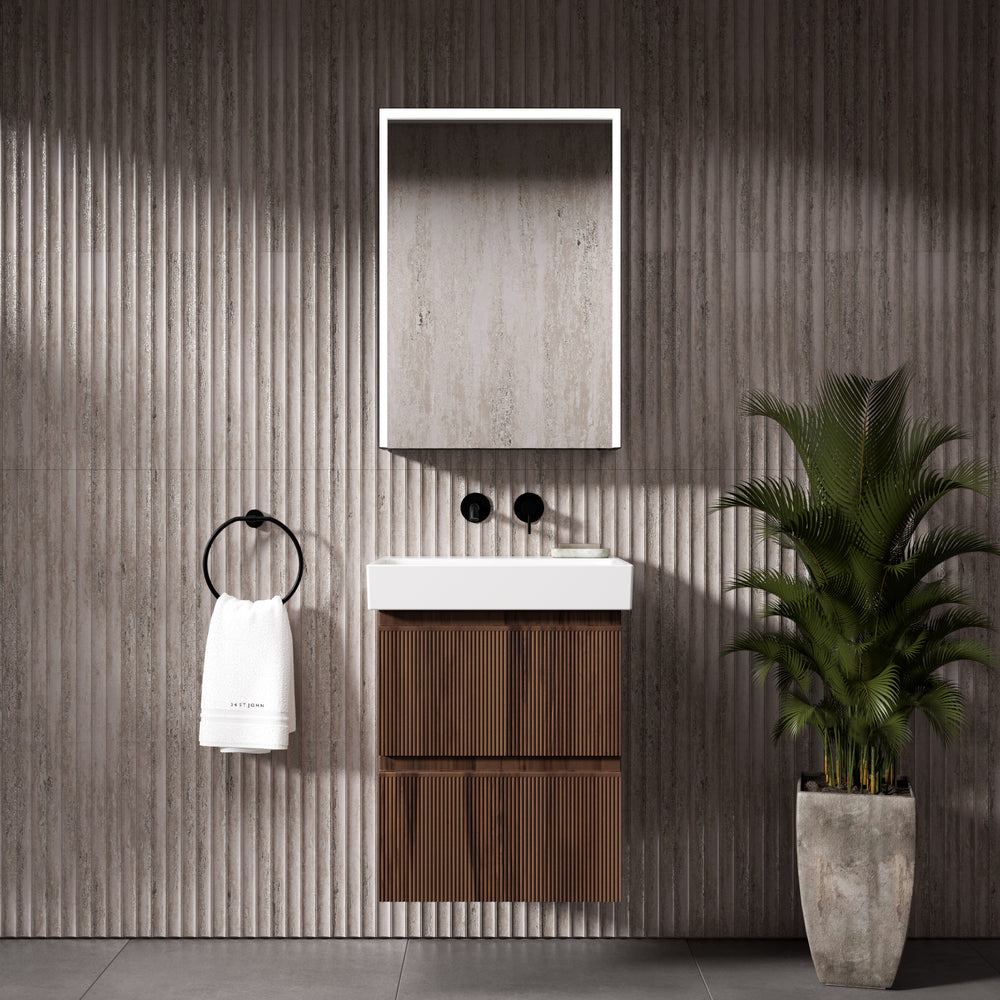 GSI Nubes Ribbed Double Drawer Vanity Unit With Ceramic Basin - Walnut 500mm x 400mm