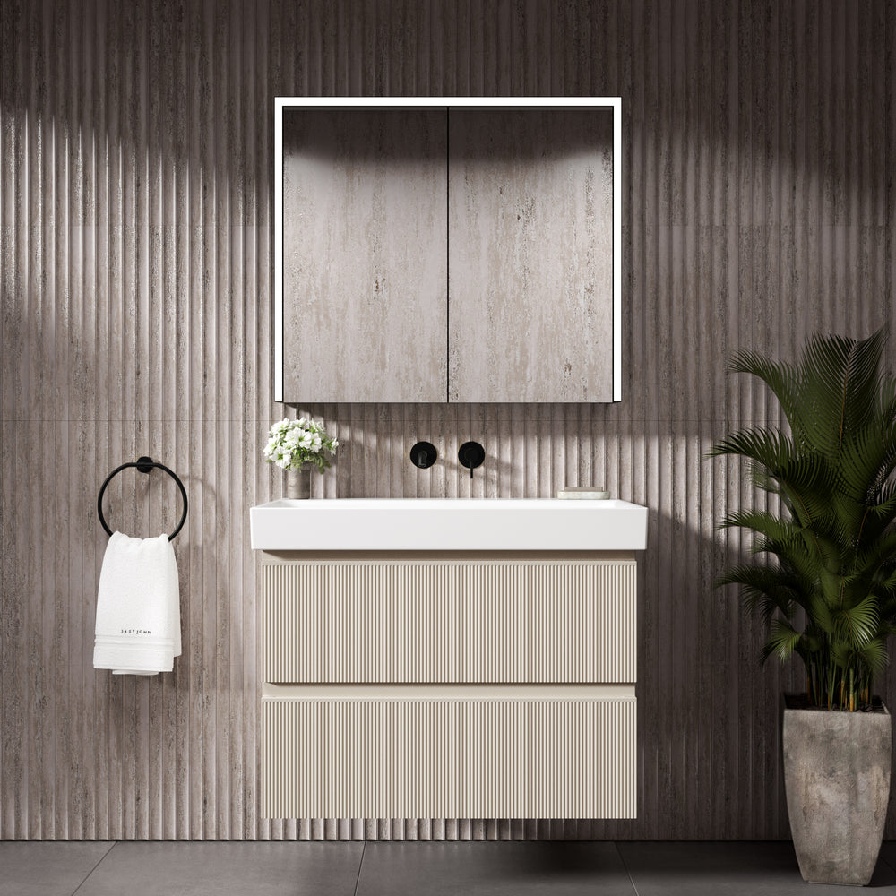 GSI Nubes Ribbed Double Drawer Vanity Unit With Ceramic Basin - Cashmere 800mm x 500mm
