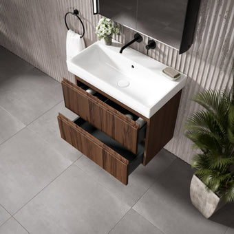 GSI Nubes Ribbed Double Drawer Vanity Unit With Ceramic Basin - Walnut 700mm x 400mm
