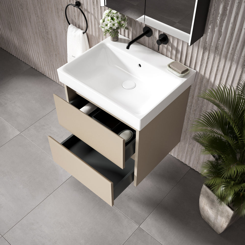 GSI Nubes Bevel Double Drawer Vanity Unit With Ceramic Basin - Matt Pebble 600mm x 500mm