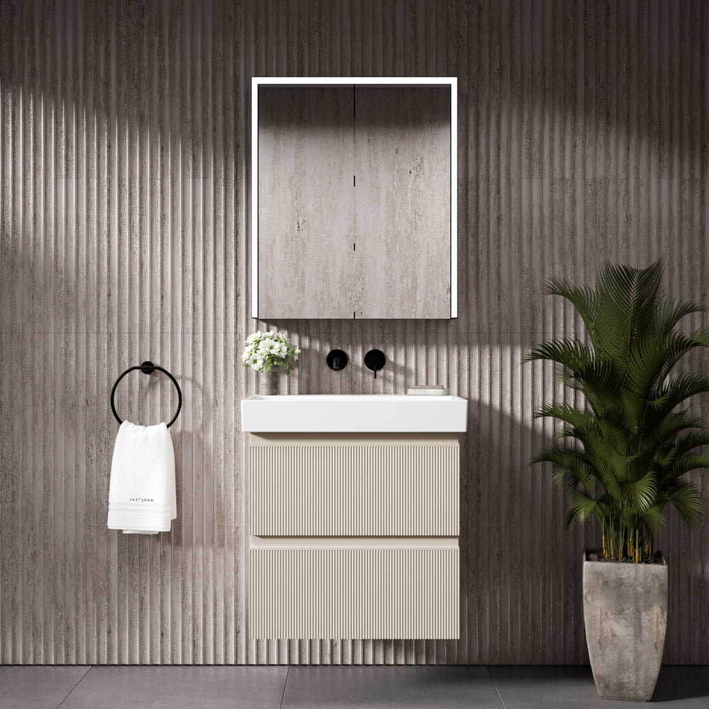 GSI Nubes Ribbed Double Drawer Vanity Unit With Ceramic Basin - Cashmere 600mm x 400mm