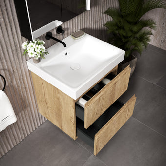 GSI Nubes Ribbed Double Drawer Vanity Unit With Ceramic Basin - Oak 600mm x 500mm
