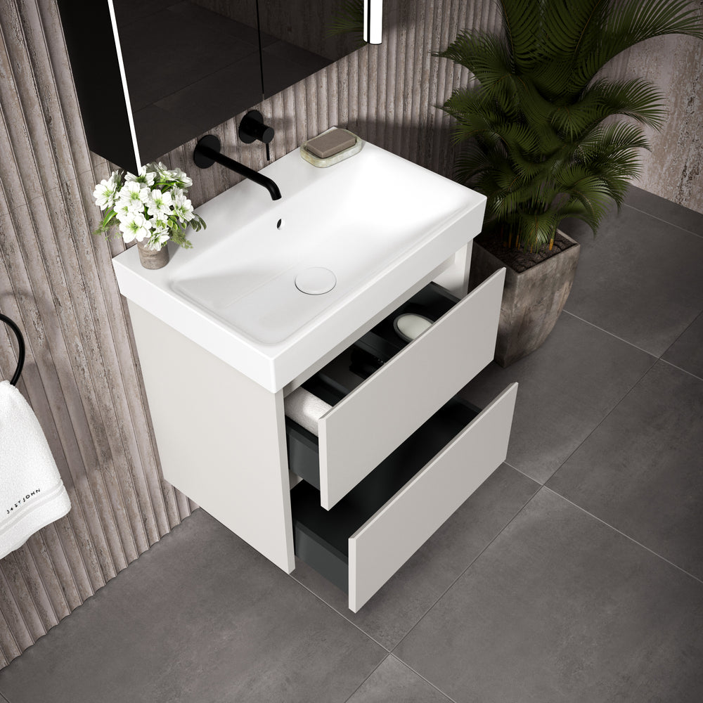 GSI Nubes Bevel Slimline Double Drawer Vanity Unit With Ceramic Basin - Matt Grey 600mm x 400mm