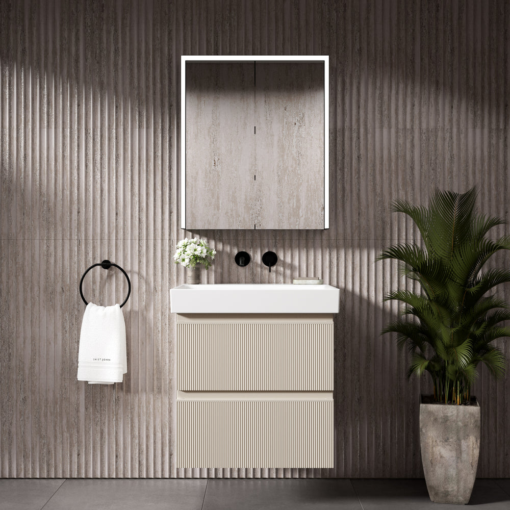 GSI Nubes Ribbed Double Drawer Vanity Unit With Ceramic Basin - Cashmere 600mm x 500mm