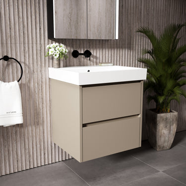 GSI Nubes Bevel Double Drawer Vanity Unit With Ceramic Basin - Matt Pebble 600mm x 500mm