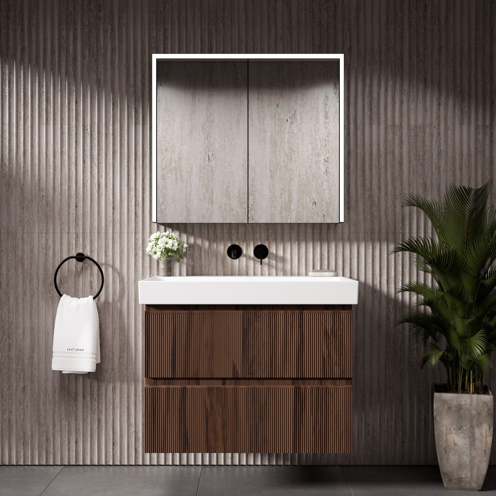 GSI Nubes Ribbed Double Drawer Vanity Unit With Ceramic Basin - Walnut 800mm x 500mm