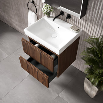 GSI Nubes Ribbed Double Drawer Vanity Unit With Ceramic Basin - Walnut 600mm x 500mm