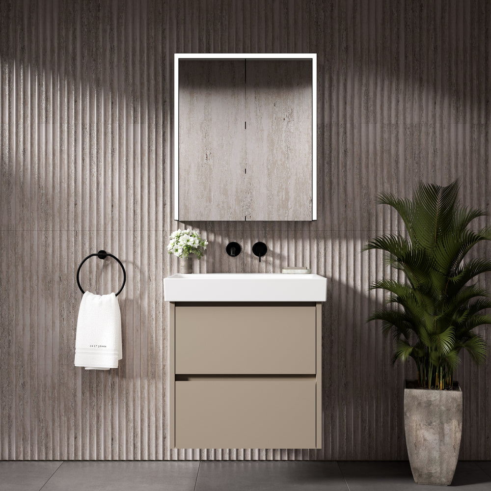 GSI Nubes Bevel Double Drawer Vanity Unit With Ceramic Basin - Matt Pebble 600mm x 500mm