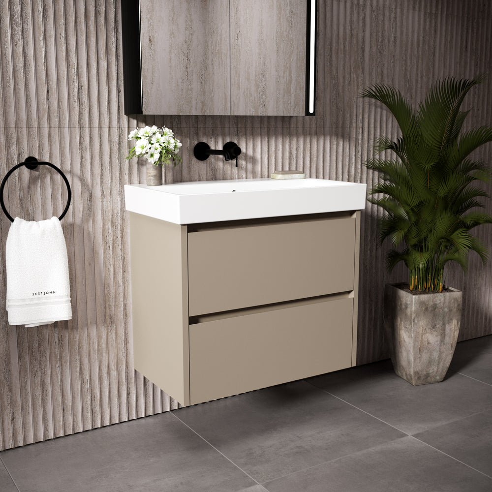 GSI Nubes Bevel Slimline Double Drawer Vanity Unit With Ceramic Basin - Matt Pebble 700mm x 400mm