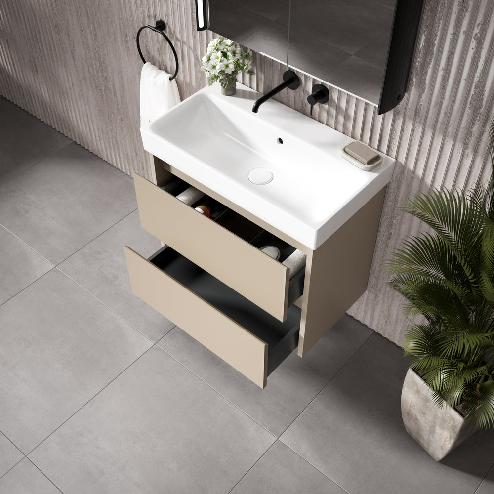 GSI Nubes Bevel Slimline Double Drawer Vanity Unit With Ceramic Basin - Matt Pebble 700mm x 400mm