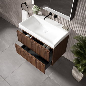 GSI Nubes Ribbed Double Drawer Vanity Unit With Ceramic Basin - Walnut 800mm x 500mm