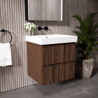 GSI Nubes Ribbed Double Drawer Vanity Unit With Ceramic Basin - Walnut 600mm x 500mm