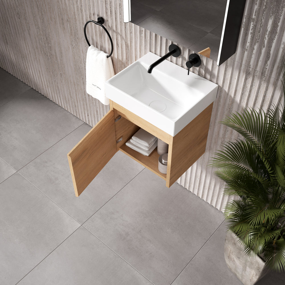GSI Nubes Bevel Single Reversible Door Vanity Unit With Ceramic Basin - Oak (Pacific Walnut) 400mm x 320mm