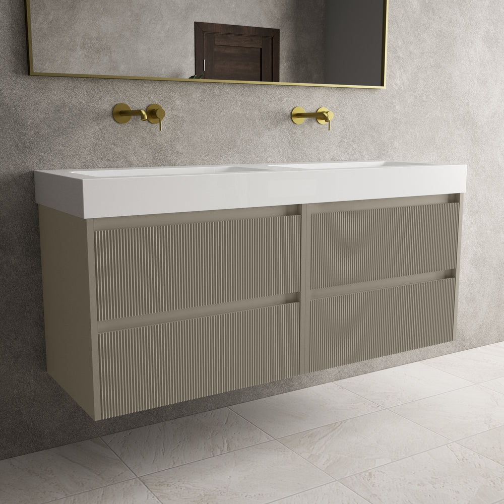 Scanalato Four Drawer Vanity Unit With Beyondstone BLOC Double Basin - Soft Taupe 1400mm