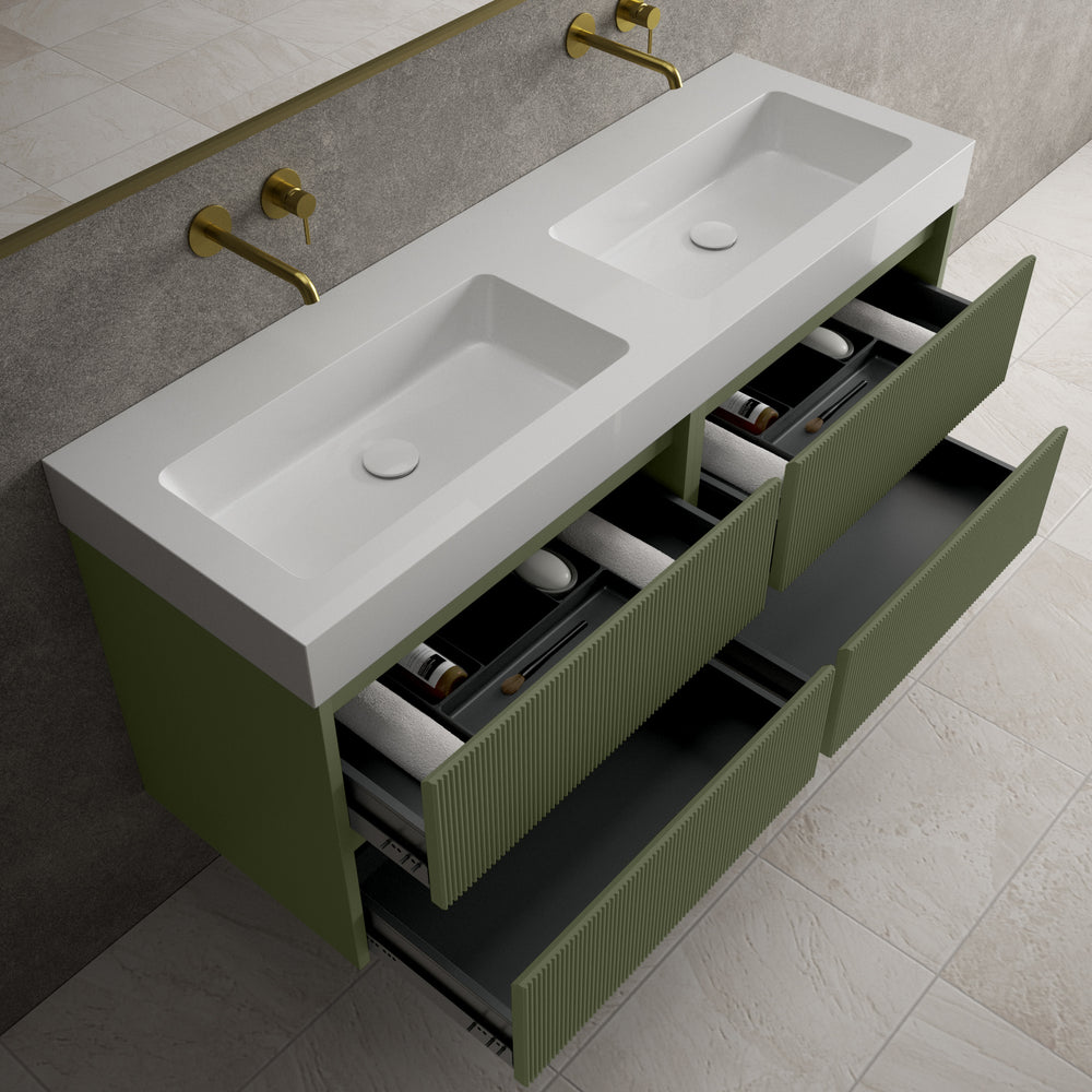 Scanalato Four Drawer Vanity Unit With Beyondstone BLOC Double Basin - Seaweed 1400mm