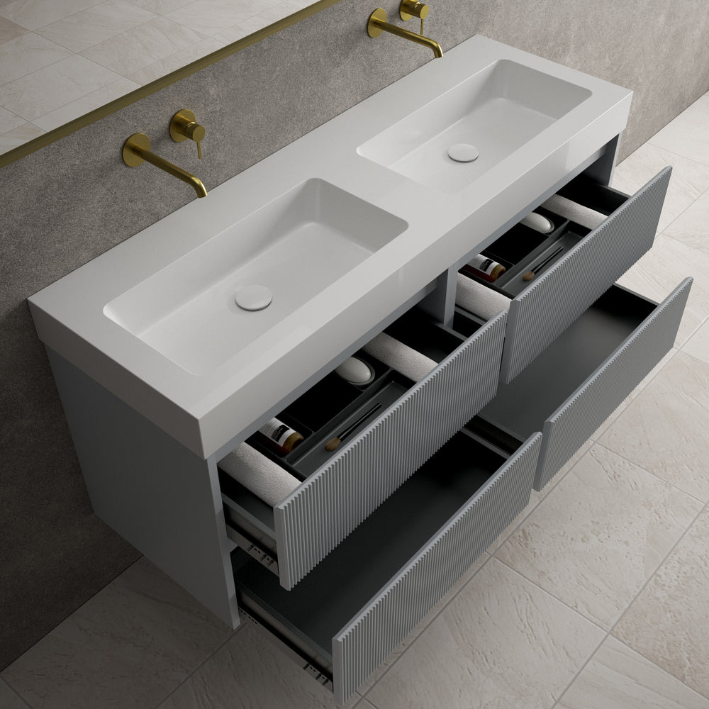 Scanalato Four Drawer Vanity Unit With Beyondstone BLOC Double Basin - Dove Grey 1400mm