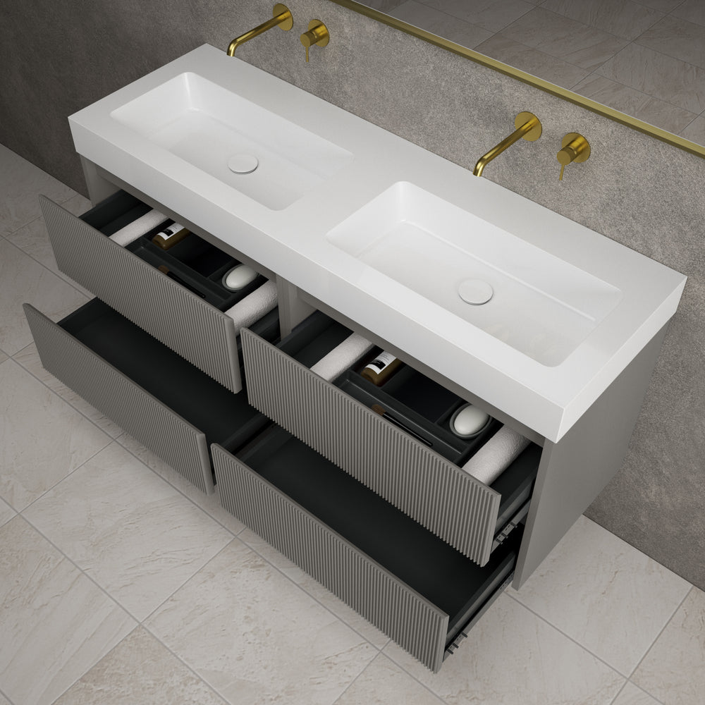 Scanalato Four Drawer Vanity Unit With Beyondstone BLOC Double Basin - Rich Taupe 1400mm
