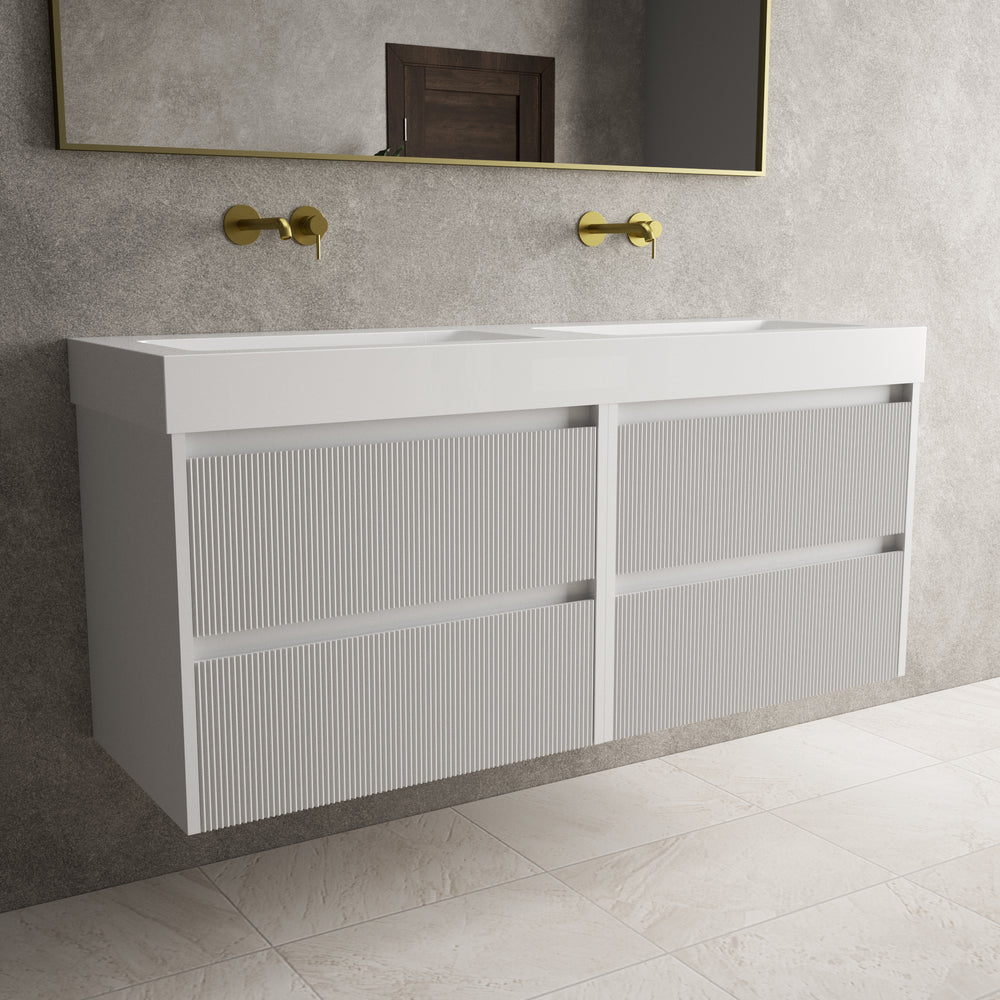 Scanalato Four Drawer Vanity Unit With Beyondstone BLOC Double Basin - Soft Grey 1400mm