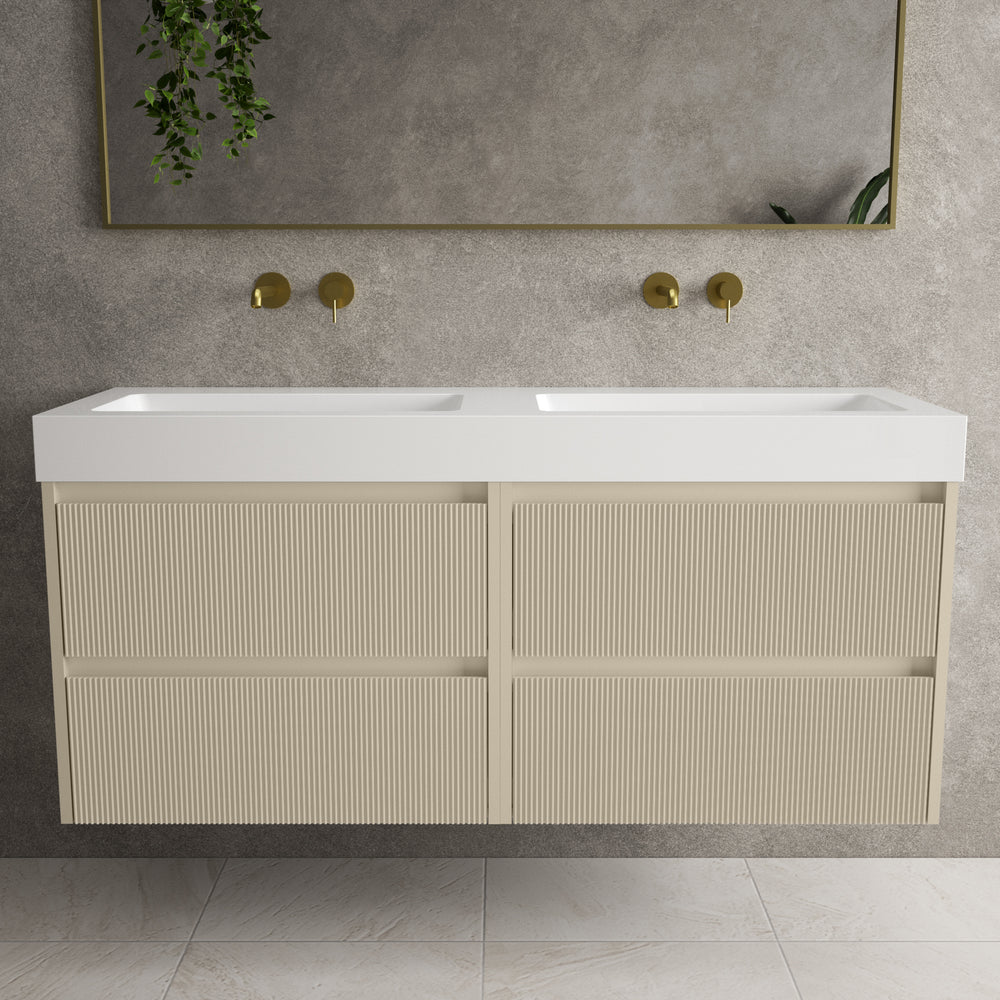 Scanalato Four Drawer Vanity Unit With Beyondstone BLOC Double Basin - Cashmere 1400mm