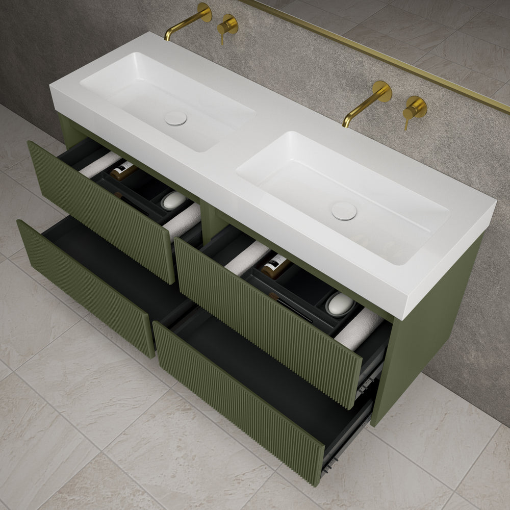 Scanalato Four Drawer Vanity Unit With Beyondstone BLOC Double Basin - Seaweed 1400mm