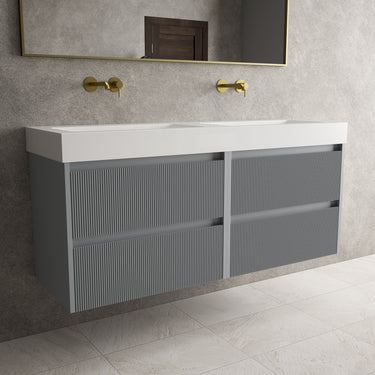 Scanalato Four Drawer Vanity Unit With Beyondstone BLOC Double Basin - Dove Grey 1400mm